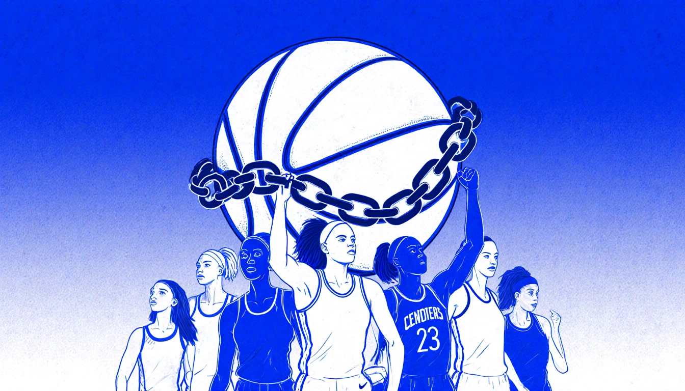 Glowing WNBA basketball chain logo shines over gradient background with female silhouettes in basketball poses showing unity.