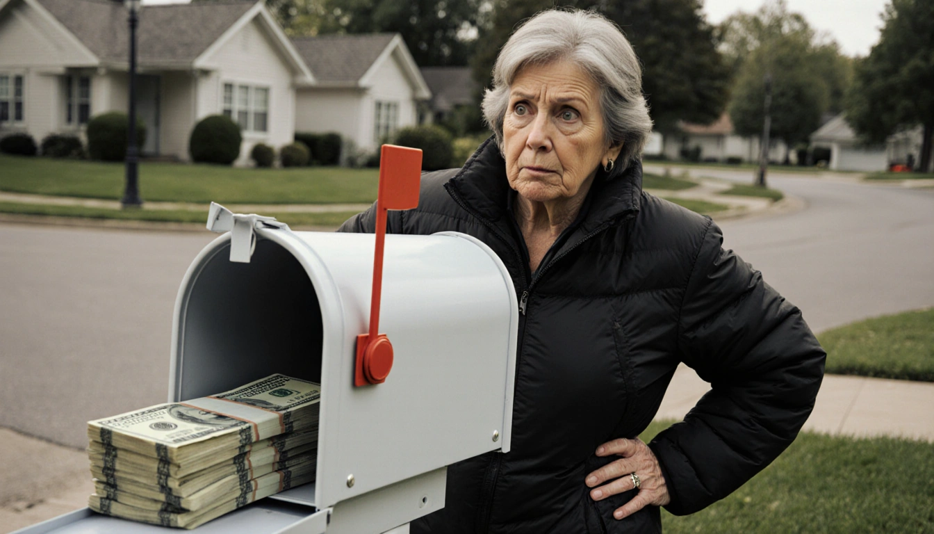 Woman standing near mailbox with large stack of cash inside and looking surprised.