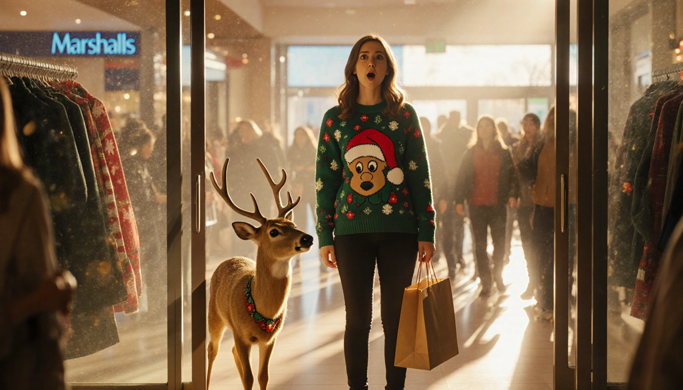 Woman in sweater holding shopping bag standing before Marshalls display with startled deer beside her near open sliding doors