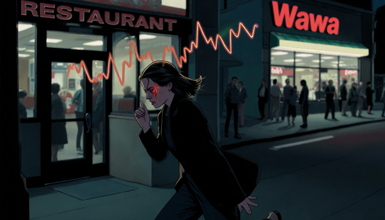 Woman exiting restaurant at night in distress with a faint sound wave pattern on her scalp and a Wawa storefront background.