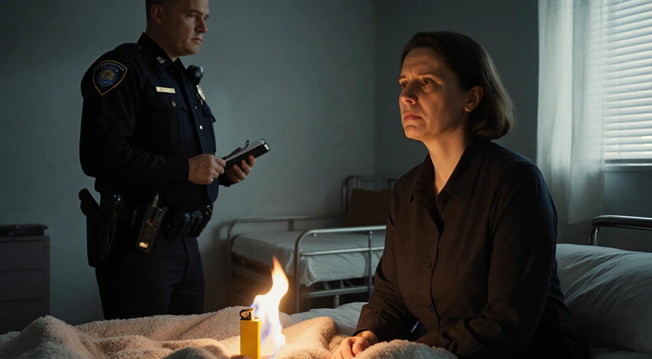 Woman sitting in dim rehab room with burning blanket from yellow lighter while officer watches closely