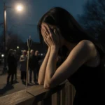 Woman cradles her head with grief under a streetlight spotlight and an arrow on a wooden railing