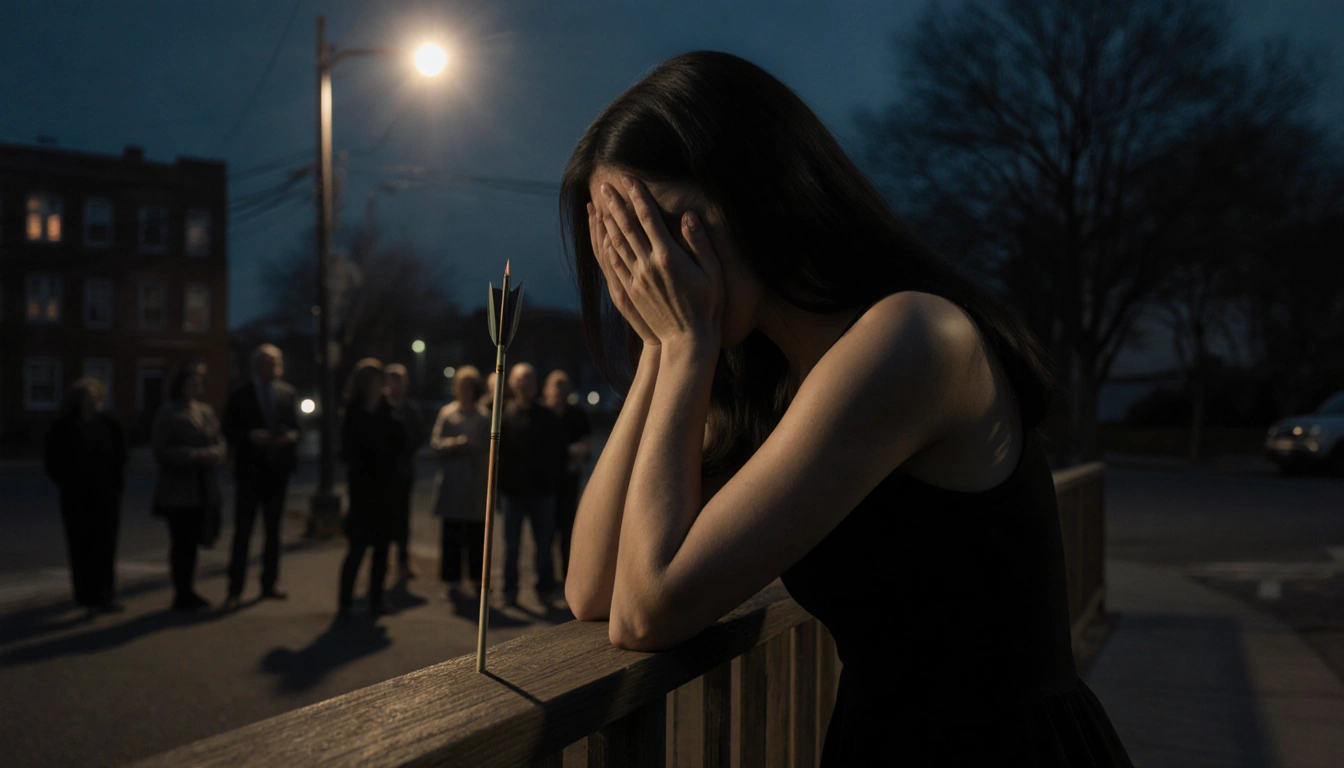 Woman cradles her head with grief under a streetlight spotlight and an arrow on a wooden railing