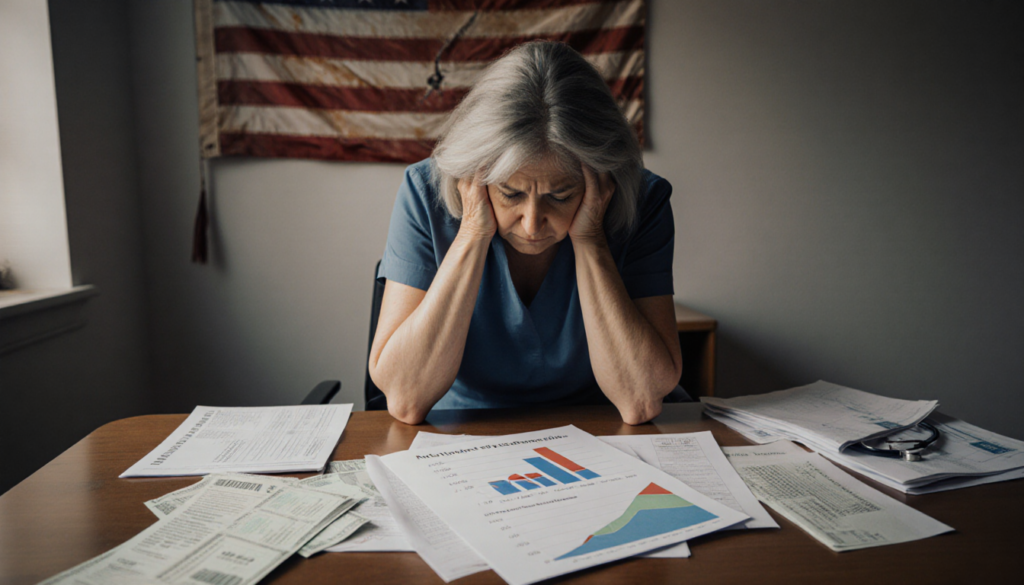Woman cradles her head in frustration with medical bills and a rising health‑insurance cost graph on the clinic desk
