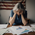 Woman cradles her head in frustration with medical bills and a rising health‑insurance cost graph on the clinic desk