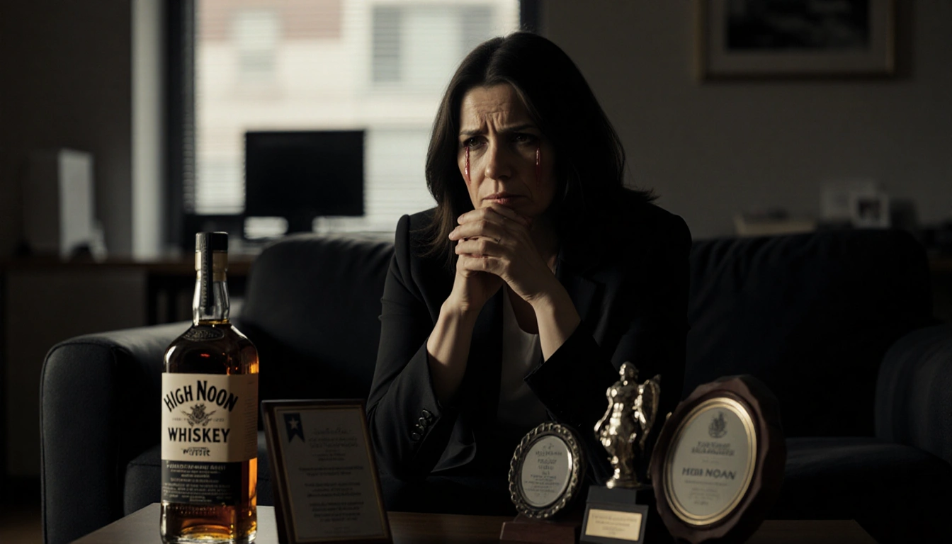 Woman sitting with tears on cheeks and a High Noon bottle on table in dimly lit room surrounded by awards