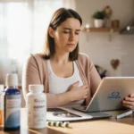 Woman looking determined at kitchen counter with Ozempic tablet in hand and medication bottles for weight loss