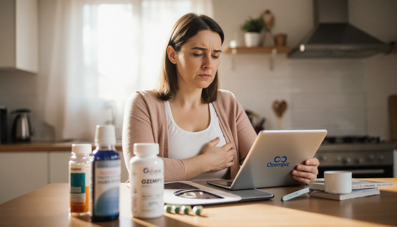 Woman looking determined at kitchen counter with Ozempic tablet in hand and medication bottles for weight loss