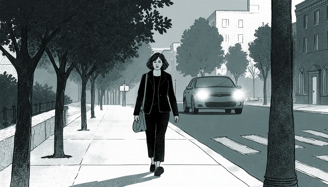 Pedestrian walking along a sidewalk with trees and buildings in Wilmington a vehicle with headlights in background