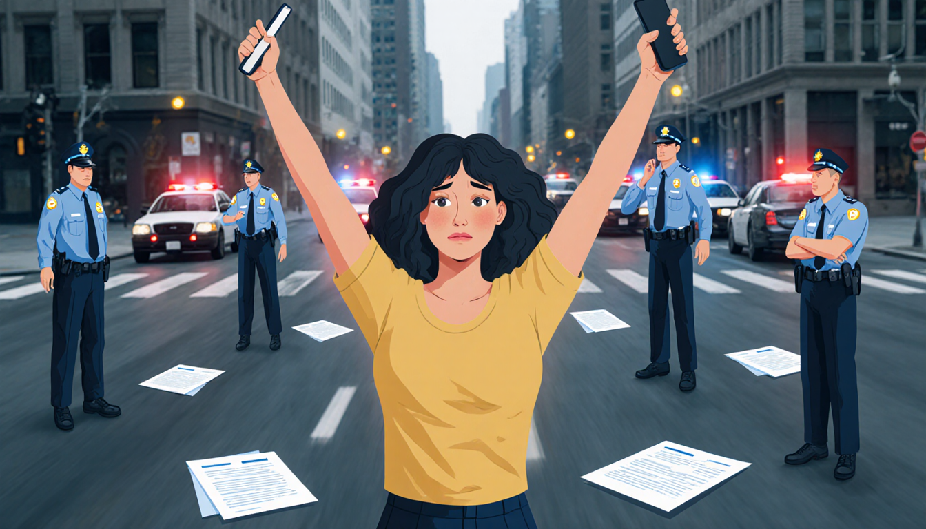 Woman raising arms clutching a phone with blurred police sirens and scattered court papers