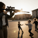 Woman pointing rifle at children playing with sunset lighting in hotel parking lot