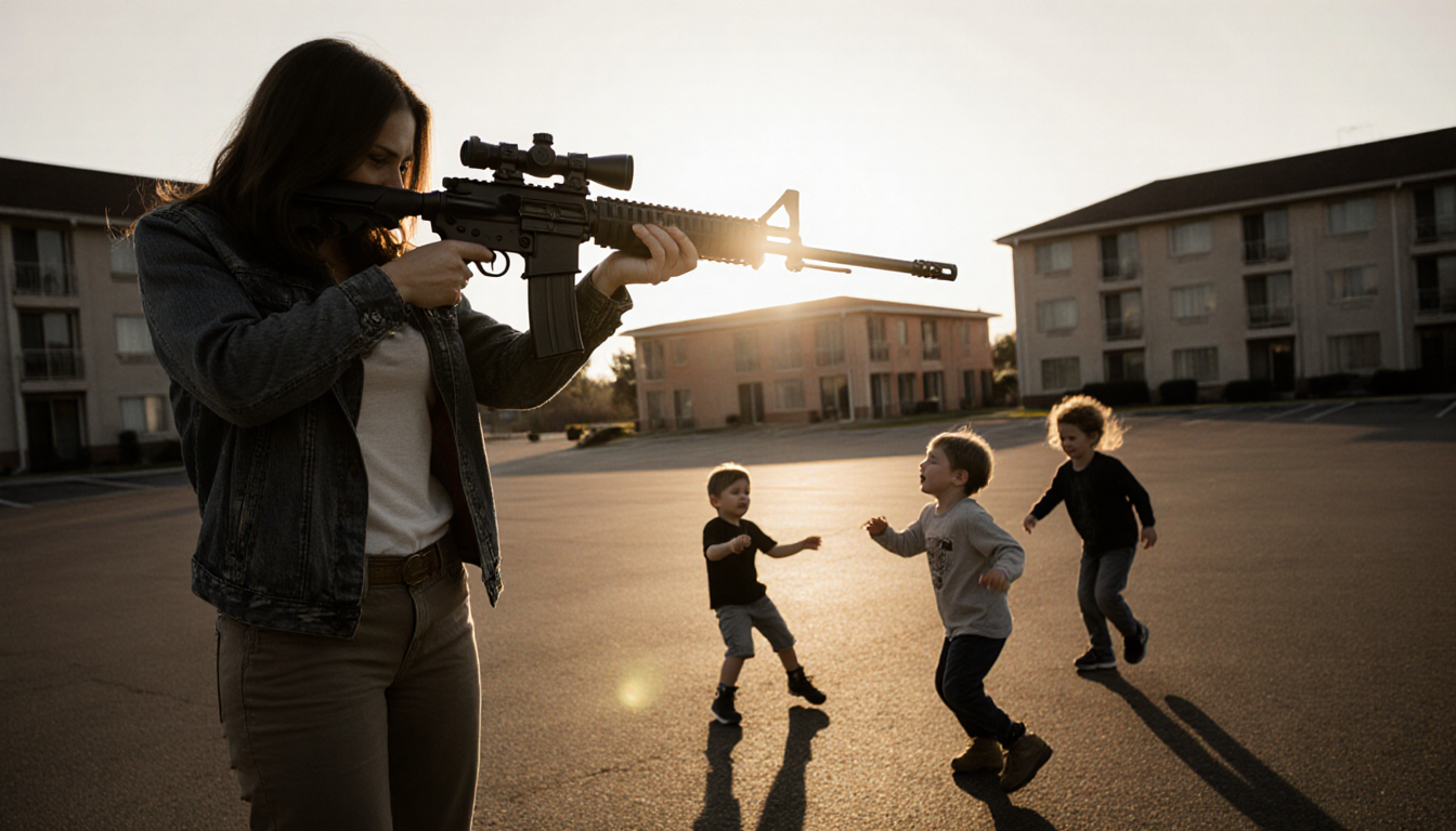Woman pointing rifle at children playing with sunset lighting in hotel parking lot