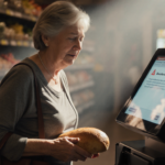 Woman holds a loaf of bread and reaches into her purse while a self‑checkout screen shows a discrepancy alert in soft light.