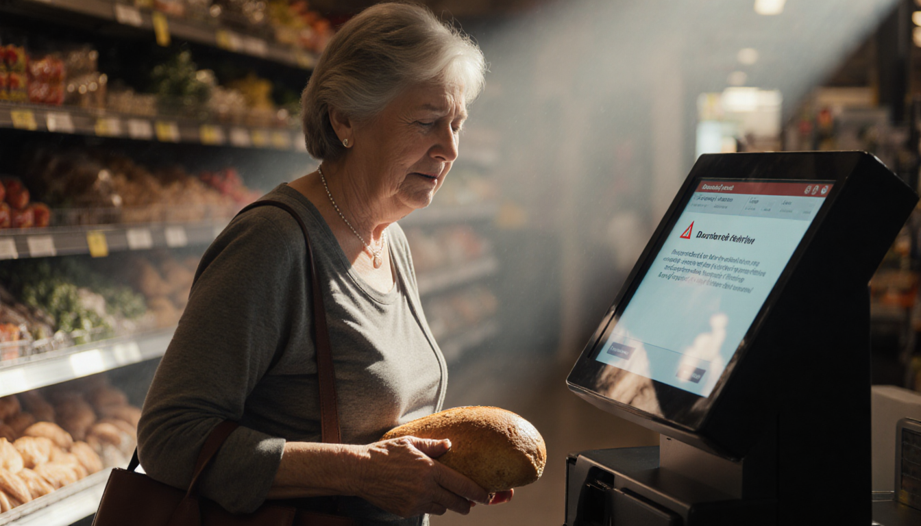 Woman holds a loaf of bread and reaches into her purse while a self‑checkout screen shows a discrepancy alert in soft light.