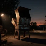 Vintage woodchipper standing alone in industrial yard with sunset glow and long tree shadows