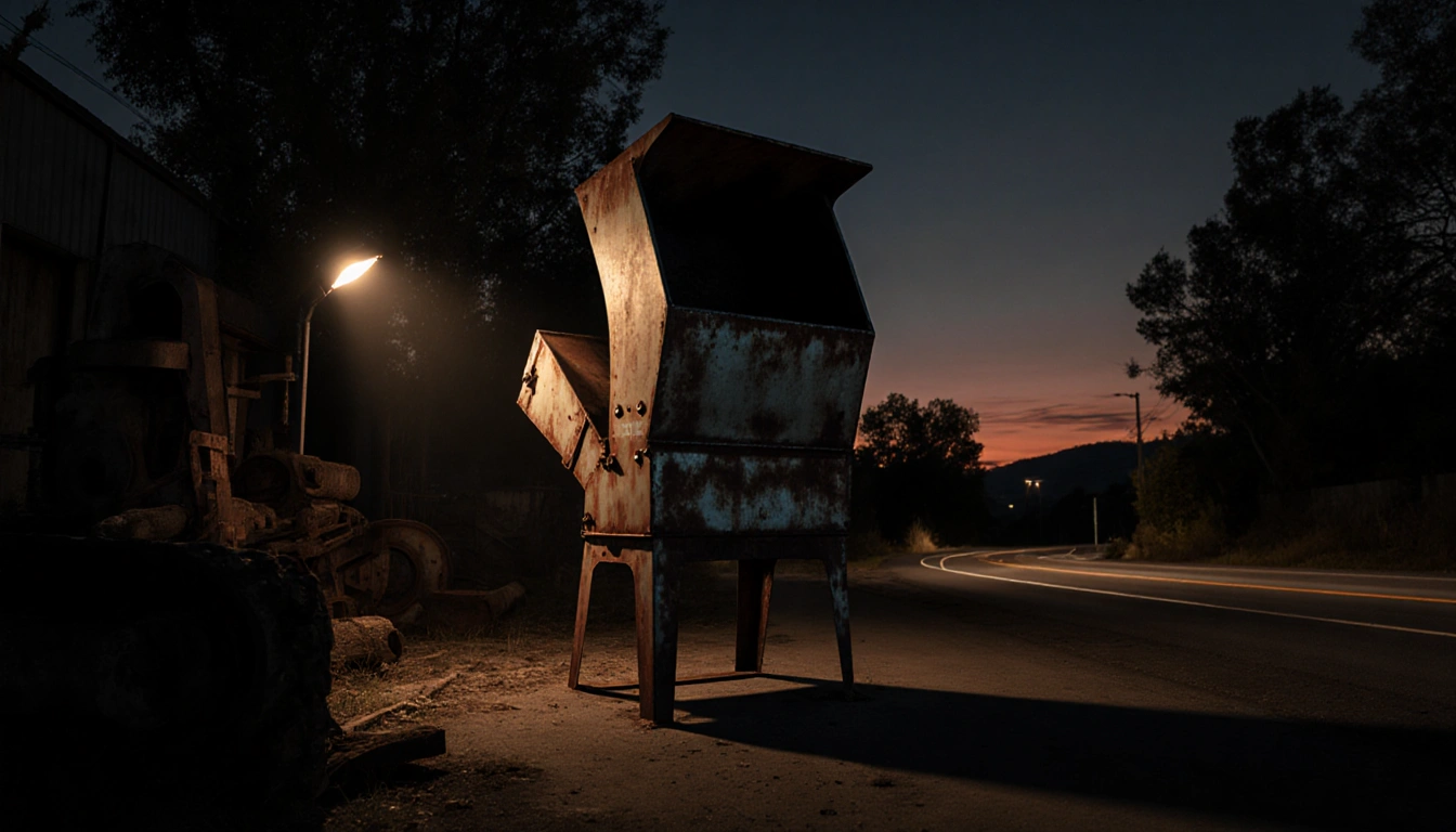 Vintage woodchipper standing alone in industrial yard with sunset glow and long tree shadows
