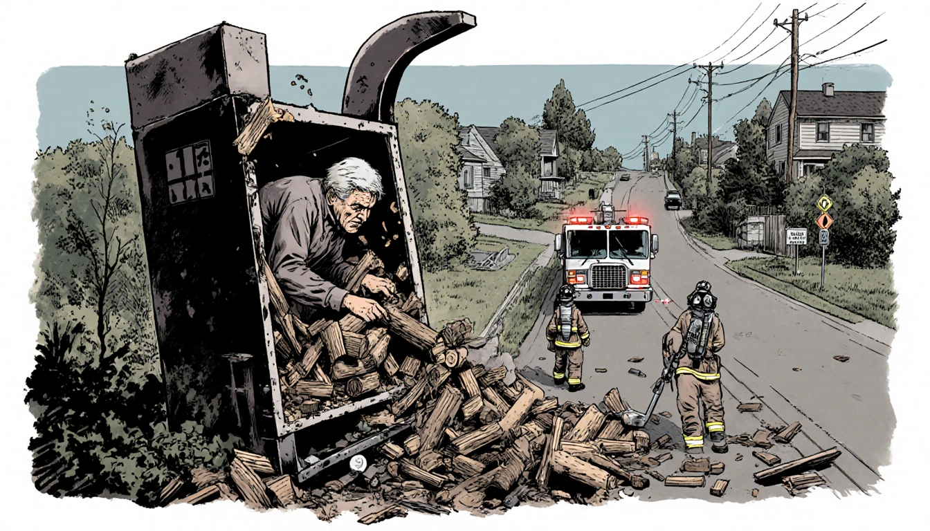 Trapped elder struggles inside woodchipper with fire truck and emergency responders arriving on Valley View Drive.
