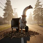 Rusty woodchipper standing alone on suburban street with golden sun casting warm light and fog curling around its edges