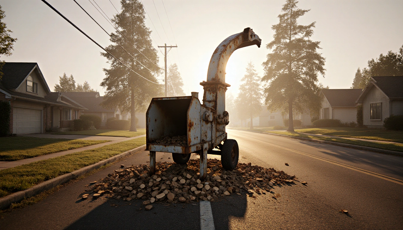 Rusty woodchipper standing alone on suburban street with golden sun casting warm light and fog curling around its edges