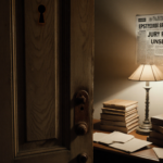 Wooden door opens slightly with a sliver of dim beige room showing a flickering desk lamp and dusty books beside a headline