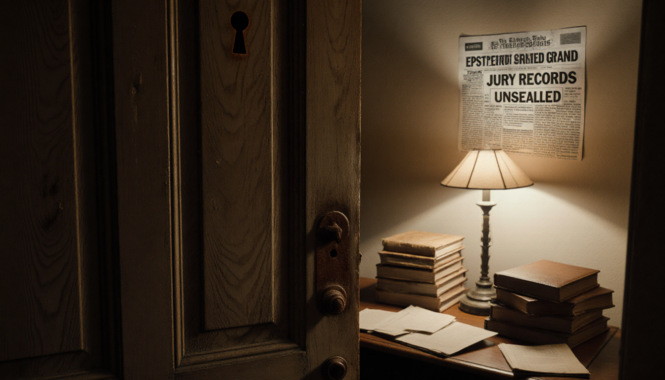 Wooden door opens slightly with a sliver of dim beige room showing a flickering desk lamp and dusty books beside a headline