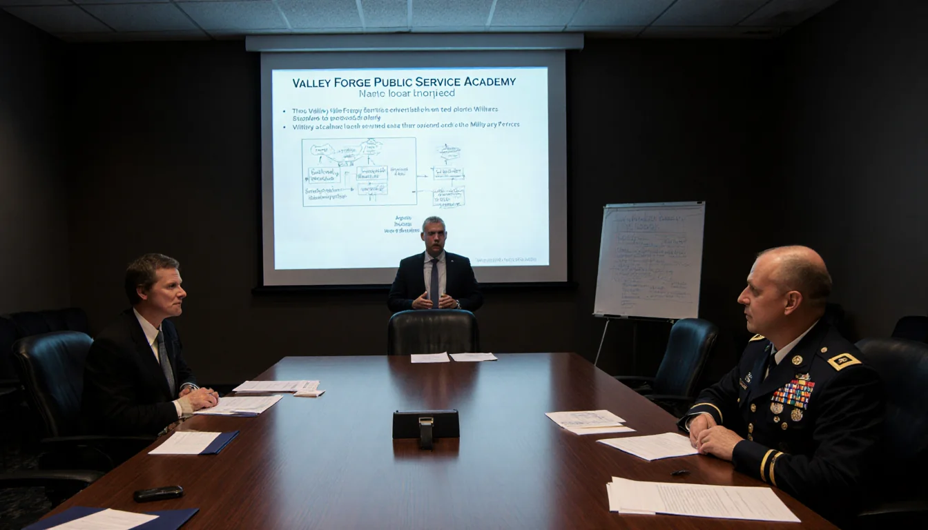 Representative standing confidently before board members with projector screen showing plan to convert academy into charter s