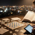 Gamer solving Wordle on cluttered table with scattered puzzle symbols and a glowing cityscape in background