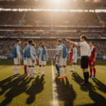 Referee signaling hydration break to players at midfield with water bottles and towels in golden hour glow.