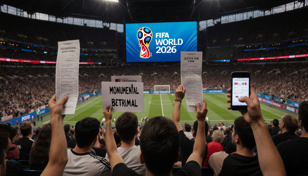 Fans of all ages protest in packed stadium with giant 2026 World Cup screen, holding empty receipts and demanding justice.