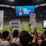 Fans of all ages protest in packed stadium with giant 2026 World Cup screen, holding empty receipts and demanding justice.