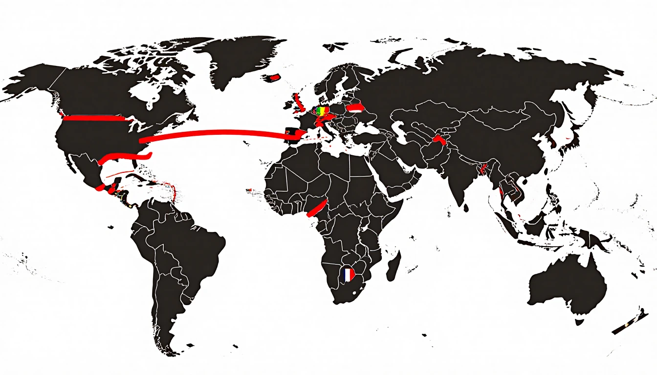 World map highlighting restricted countries with red tape and flags and darkened grey bans under travel restrictions