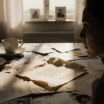 Envelope sits on cluttered kitchen table with scattered papers coffee cups and faded photos under warm natural light