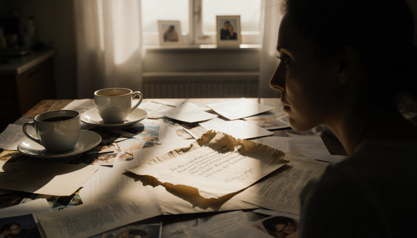 Envelope sits on cluttered kitchen table with scattered papers coffee cups and faded photos under warm natural light