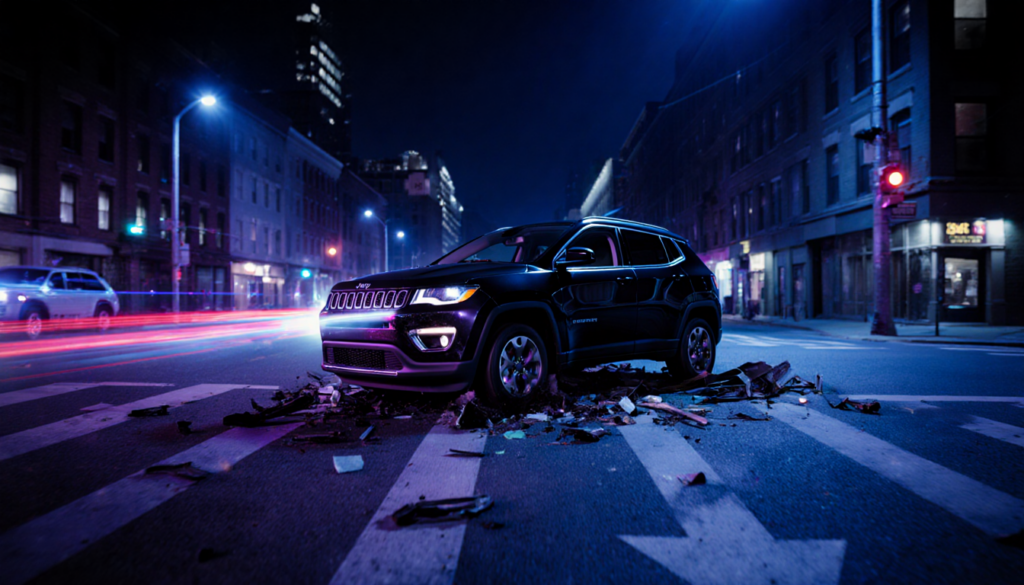 Black Jeep Compass veering wrong way on Oxford Street with debris and crumpled metal near intersection under night lighting