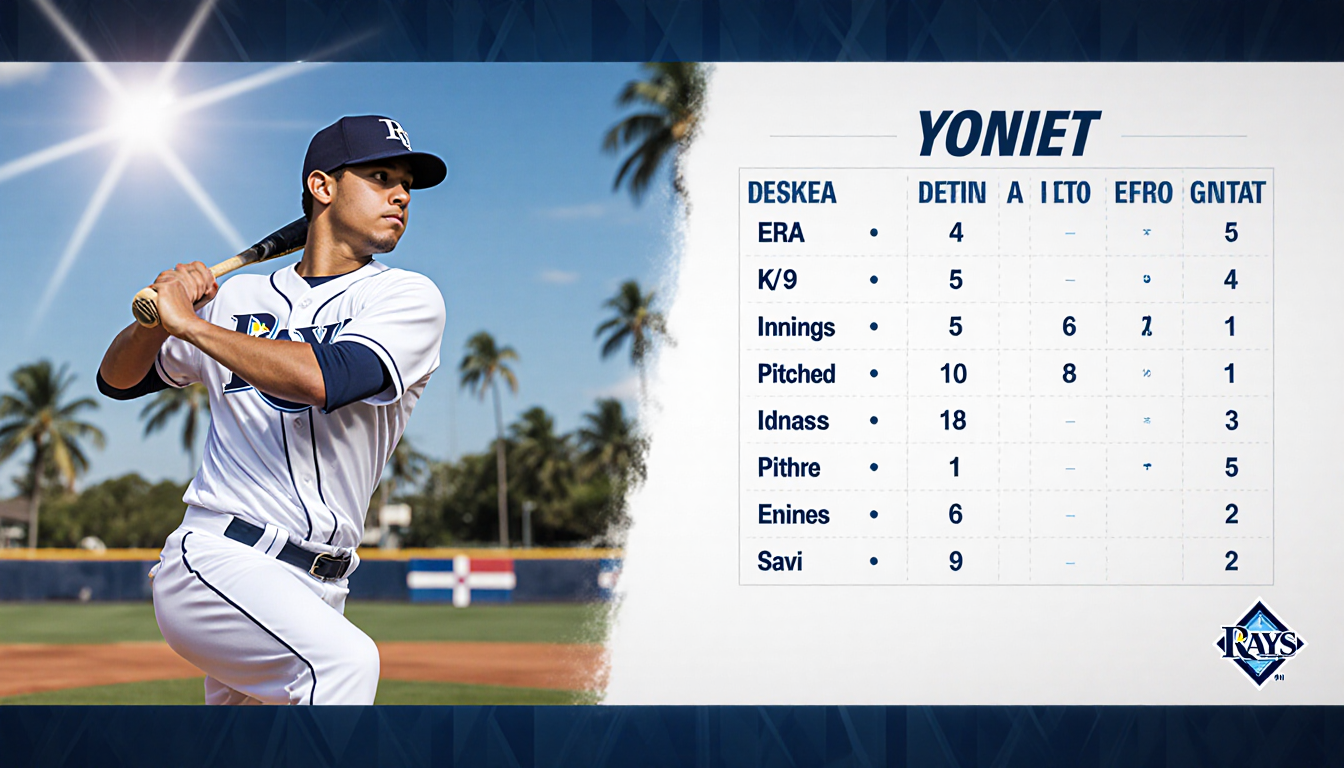 Yoniel Curet holding bat and ball in Rays uniform with tropical island background and stats board with rays of light