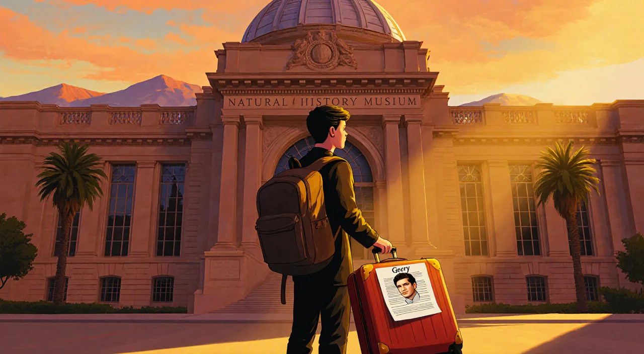 Young man standing with suitcase and backpack looking toward the Natural History Museum with golden sunset glow.