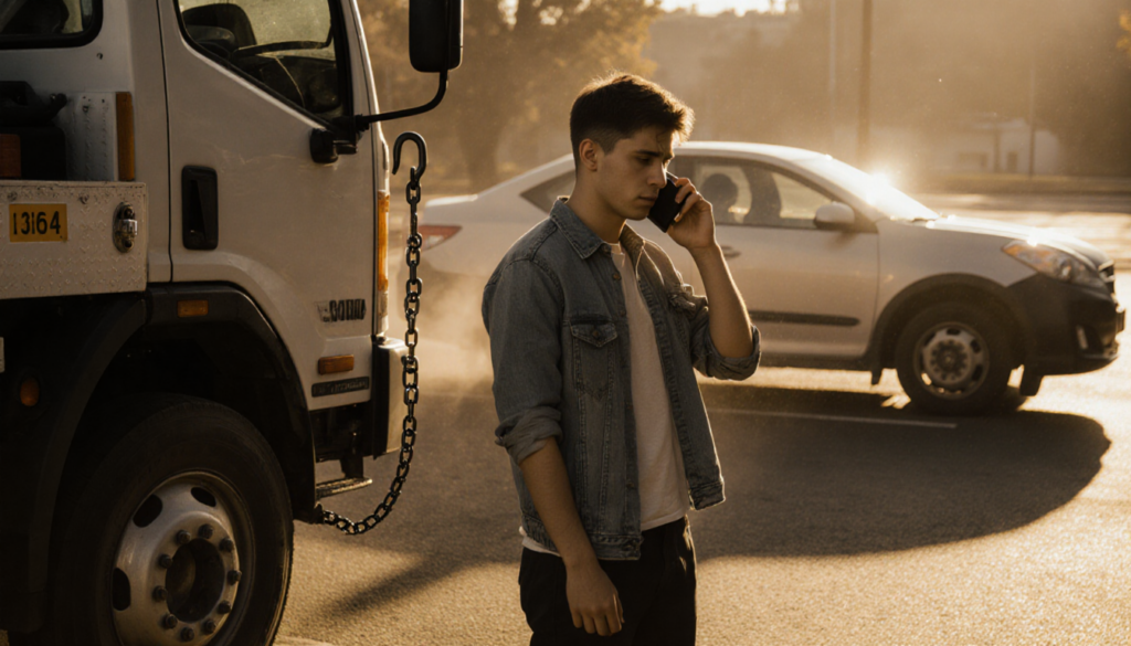 Young man holds phone to ear beside tow truck with Hyundai Sonata partially hidden and light casting shadows frustrated
