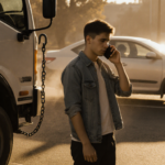 Young man holds phone to ear beside tow truck with Hyundai Sonata partially hidden and light casting shadows frustrated