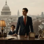 Young politician stands confidently with sibling beside a worn wooden desk and family heirlooms and blurred cityscape behind.