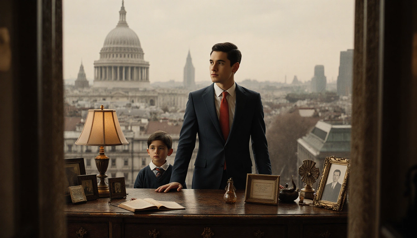 Young politician stands confidently with sibling beside a worn wooden desk and family heirlooms and blurred cityscape behind.