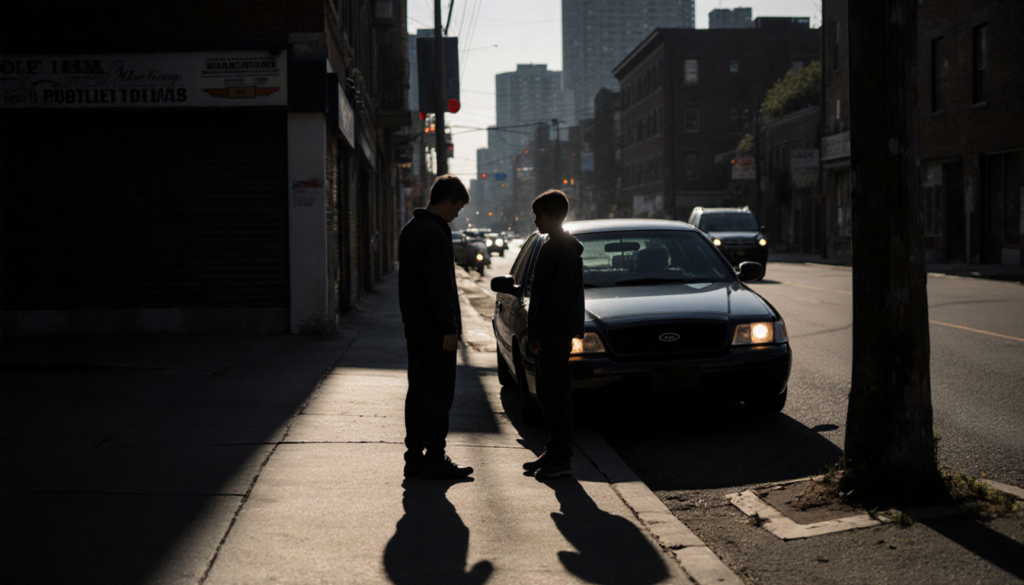 Two teenage boys stare at a partially lit car with long shadows and a blurred city skyline in a deserted alley.