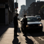 Two teenage boys stare at a partially lit car with long shadows and a blurred city skyline in a deserted alley.