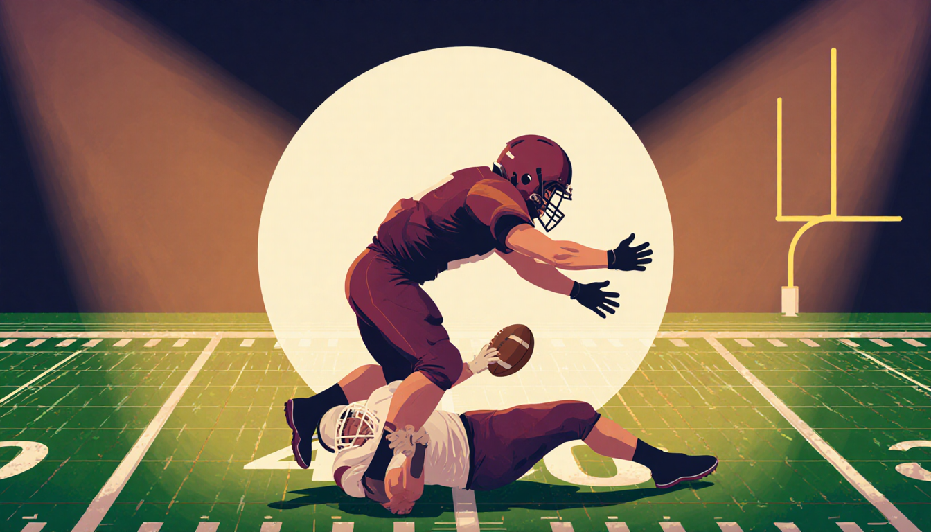 Defender tackling ball carrier with spotlight highlighting action on football field