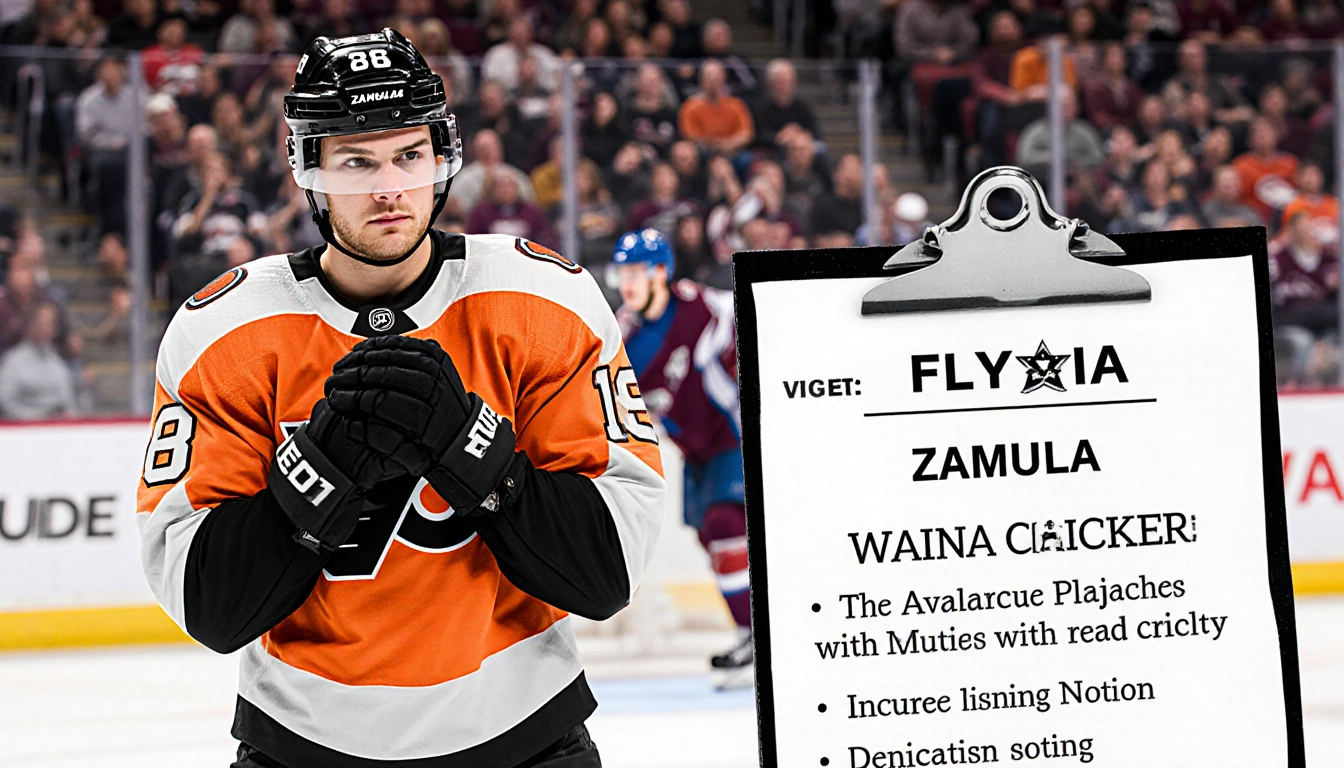 Zamula stands with hands clasped on a clipboard showing a waiver notice with a blurred NHL arena behind him.