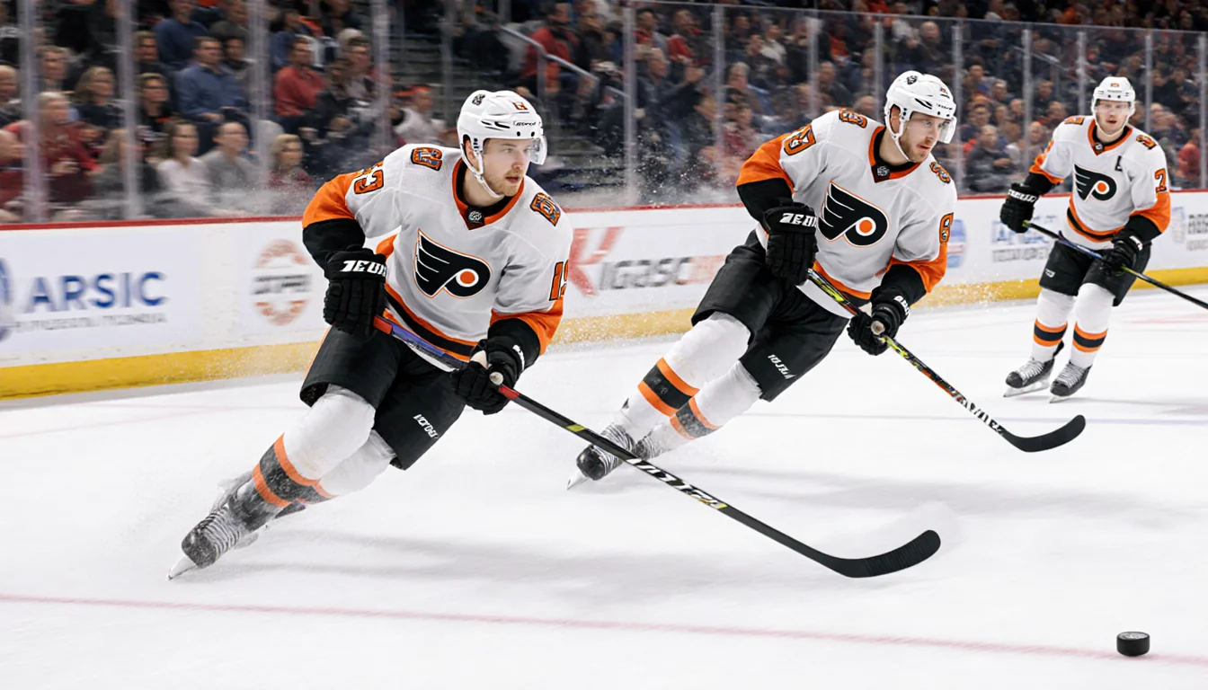Zegras and Konecny sprinting down the ice with puck and stick, creating a fast‑paced moment while players react.