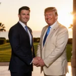 Zelenskyy and former US President Trump clasping hands with Florida sun setting behind Mar-a-Lago entrance