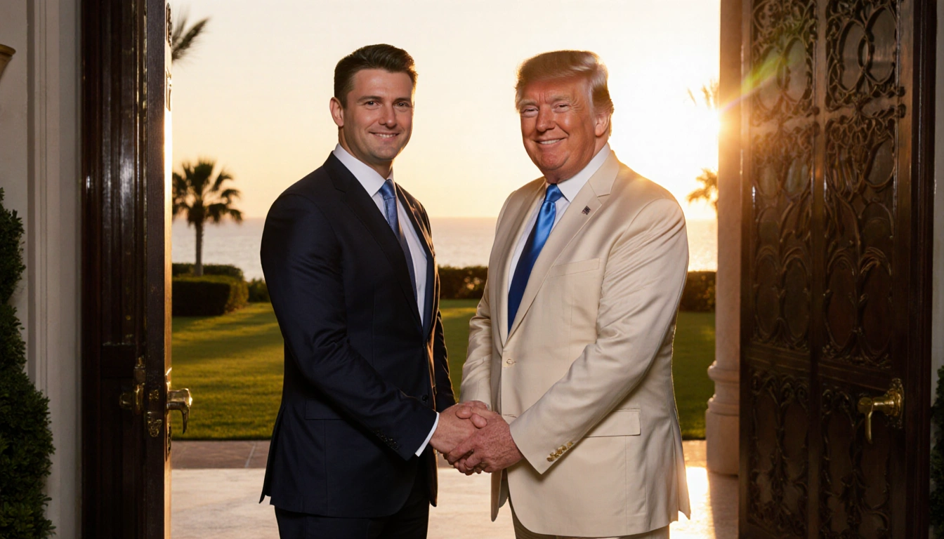Zelenskyy and former US President Trump clasping hands with Florida sun setting behind Mar-a-Lago entrance