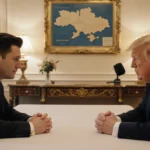 Zelenskyy sits across from Trump at a lavish hotel table with warm lighting and a map of Ukraine behind them.