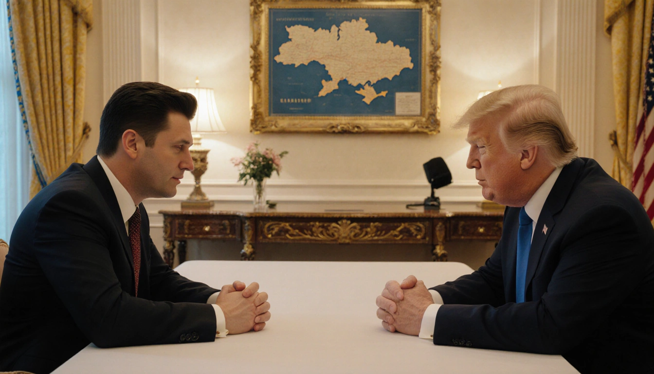 Zelenskyy sits across from Trump at a lavish hotel table with warm lighting and a map of Ukraine behind them.