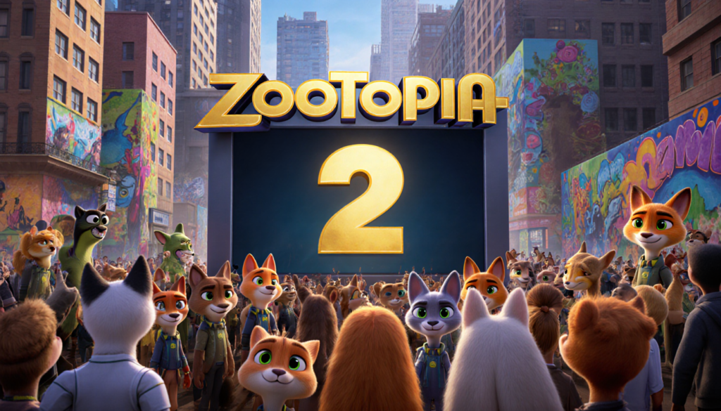 Animals gather around Zootopia 2 screen with golden title and city street background